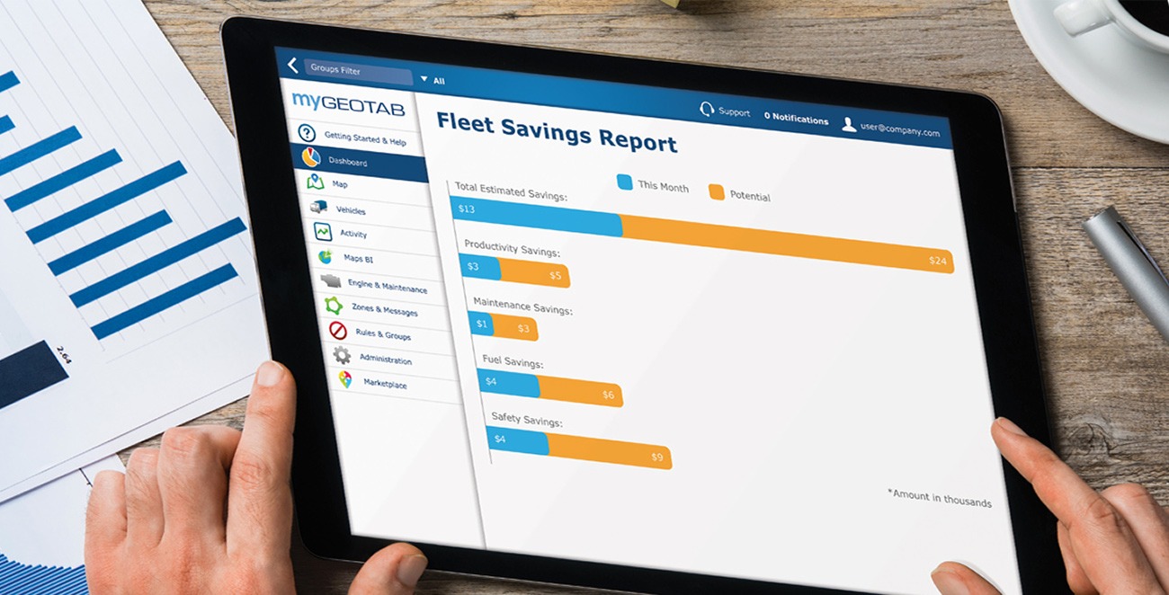 A tablet displaying a FleetBoss fleet savings report